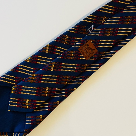 HERMES 695 OA Men’s Neck Tie 100% Silk Vintage France Equestrian Rope Belt Navy - Picture 2 of 7